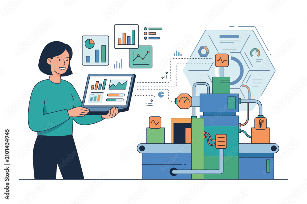 Fototapeta premium Asian female analyzing data on laptop for industrial automation in tech environment.