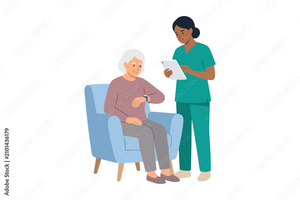 Fototapeta premium Elderly caucasian woman with digital device assisted by young african female nurse in healthcare setting.