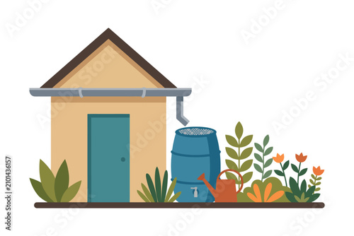 Eco-friendly house with rainwater harvesting system and garden.
