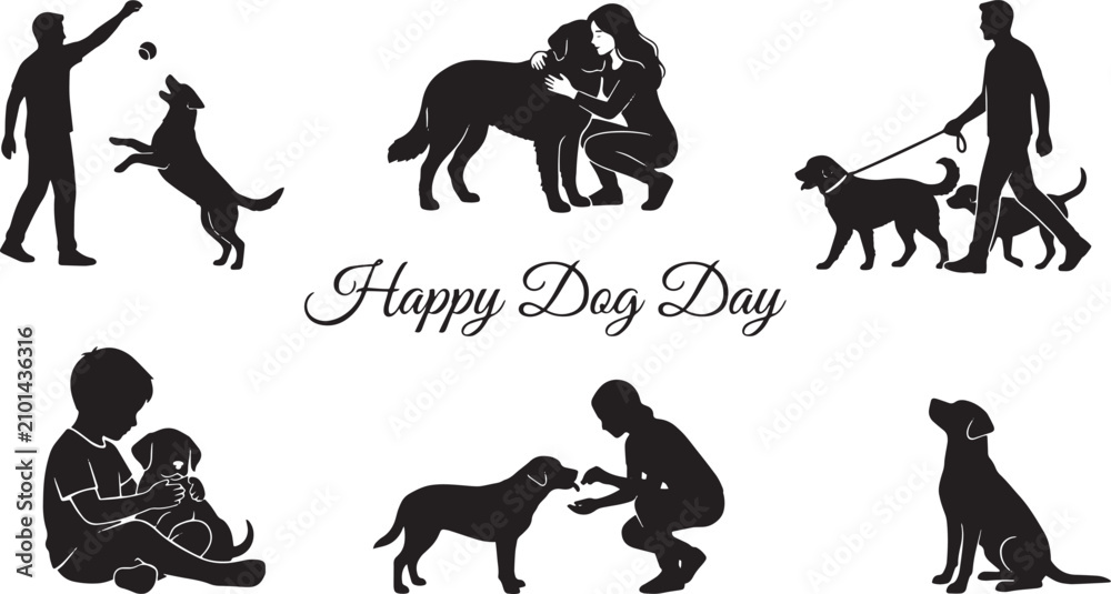 Fototapeta premium Happy Dog Day vector silhouettes, people playing with pet dogs collection, black animal owner icons, puppy training and walking set isolated on Transparent Background
