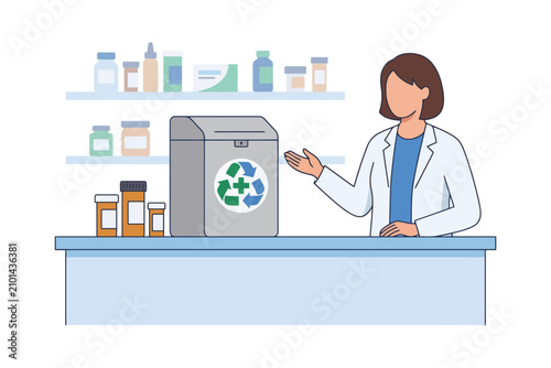 Female pharmacist presenting medication disposal bin for safe recycling in pharmacy.