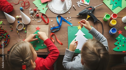  Two children sitting at wooden table engaged in Christmas themed craft activity decorating paper trees with stars embellishments