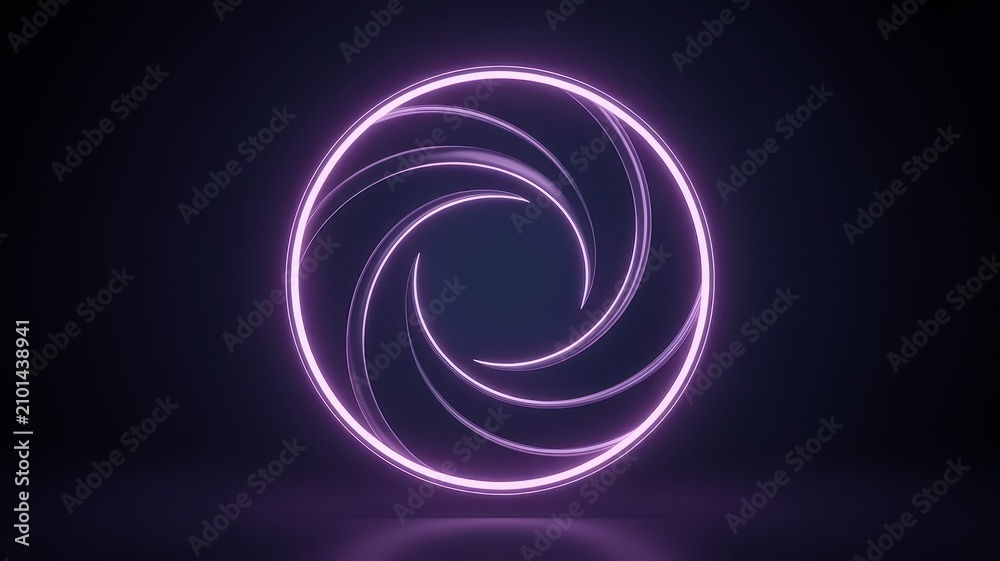 Naklejka premium Neon purple glowing circle with spiral light trails, futuristic abstract portal background, luminous violet geometric ring for tech design