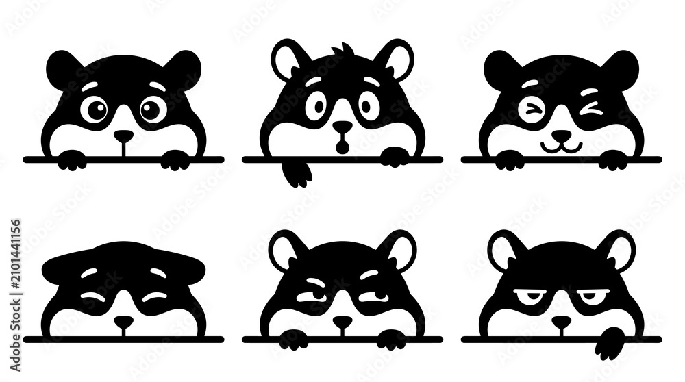 Fototapeta premium Set of hamster faces peeking over border, emotive animal expressions, silhouette style for stickers, emblems, social media avatars and web icons