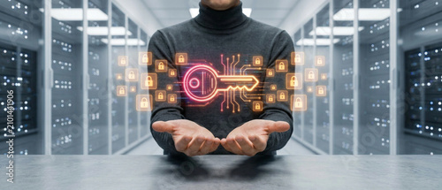 Cyber security and data protection concept, digital key icon with glowing padlocks in a server room data center background