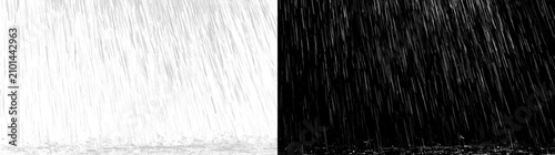 Heavy rain overlay on isolated white background, falling raindrops texture with splashing water at the bottom, weather effect element for digital compositing, photo manipulation