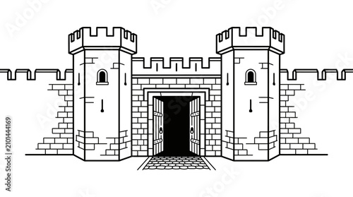 A detailed black and white line art illustration of a medieval castle gatehouse.