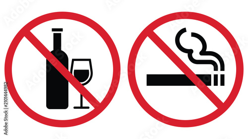 Prohibition sign icon depicting restricted alcohol and smoking