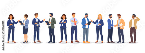 Multinational Business Team. Professional People Set. Business People Standing, Talking, Communicating, Taking Part in Business Activities, Meeting, Brainstorming, Handshaking. Vector Flat Design