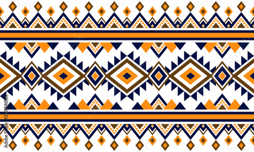 Seamless orange, navy blue and brown boho geometric pattern featuring tribal diamonds, triangles and ethnic ornamental borders on white background.