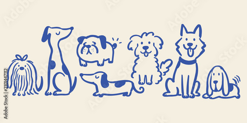 Dog Breeds Blue Brush Doodle Set Vector Illustration