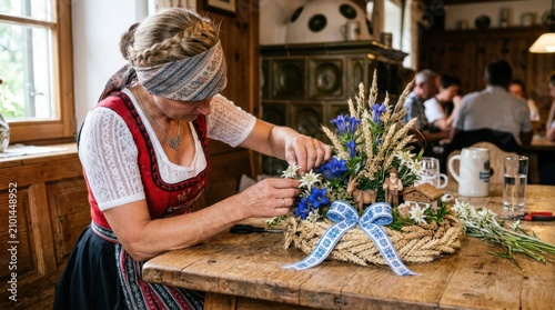 Close up view of individual hands tying a blue checked ribbon accent to a natural pine cone holiday wreath block