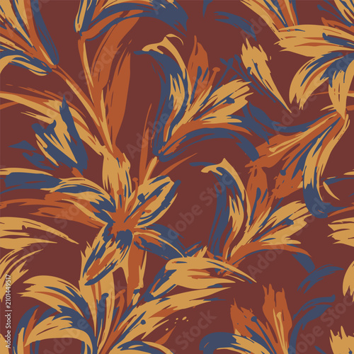 Seamless pattern with hand drawn abstract lily flowers. Modern warm terracotta, gold, and blue brush stroke floral background for luxury textile.