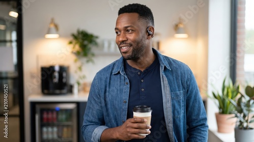Generative AI, African American man wearing bluetooth earpiece holding coffee in modern office lounge