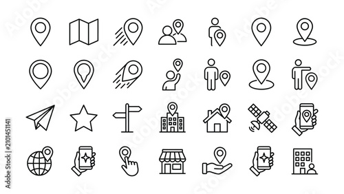 Bild auf Leinwand Black and white line icons for location and navigation purposes on white backgro