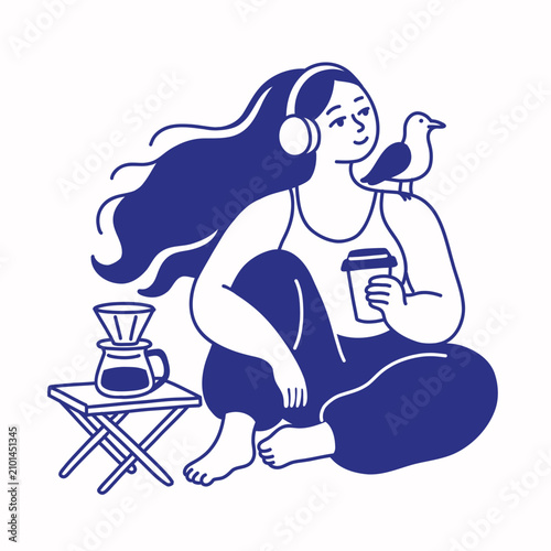 Cute Woman with Coffee and Seagull Illustration