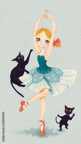 Charming Illustration A Ballerina Dancing Her Playful Black Cat