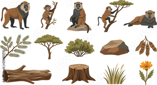 Detailed set of baboon monkeys in natural habitat with acacia trees, wooden logs, rocks and african savanna flora