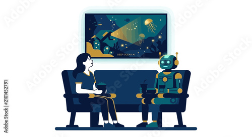 Robot and woman enjoy summer movie night with artificial intelligence