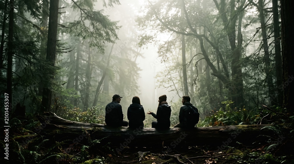 Obraz premium Friends sitting on fallen log talking in misty forest