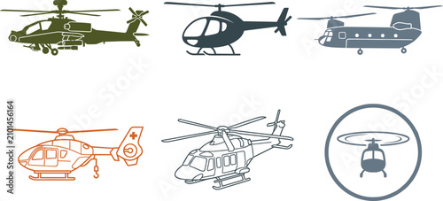 Fotografija Military and Civil Helicopter Vector Set Featuring Cargo Chopper, Attack Gunship