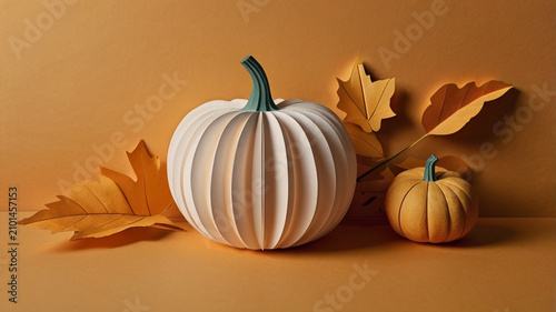 Minimal White Paper Cut Pumpkin with Autumn Leaves on Warm Orange Background with Copy Space