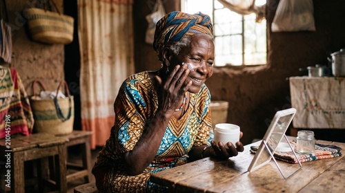 Old woman applying moisturiser