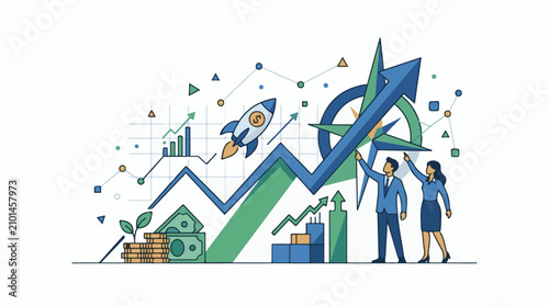 Business professionals analyze growth charts and financial charts with a rocket