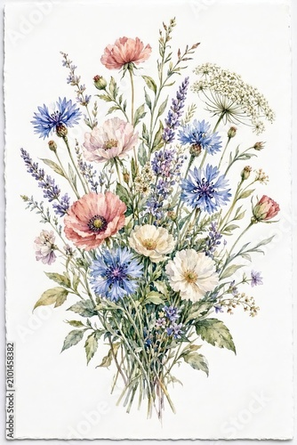 Elegant Botanical Watercolor Wildflower Bouquet Hand-Painted Floral Illustration