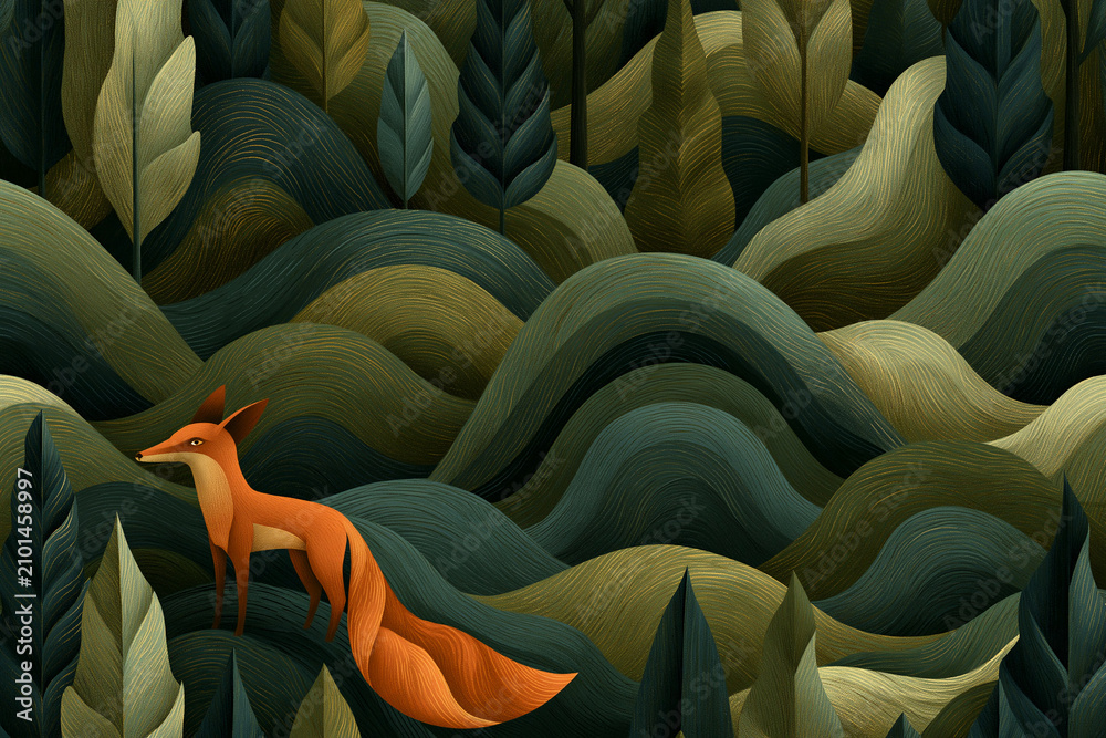 Obraz premium Fox standing in a green and brown forest with waves of trees and leaves in the background