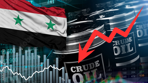 Konstfotografi A barrel of crude oil, the Syrian flag, and a red arrow illustrate the drop in Syria's oil prices, relating to market fluctuations, resource supply chain security, and global energy inflation