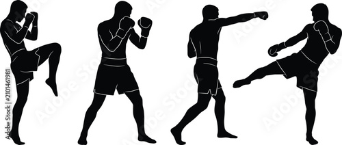 Fotografía Kickboxing and Boxing Silhouette Vector Set Featuring Fighters Performing Knee S