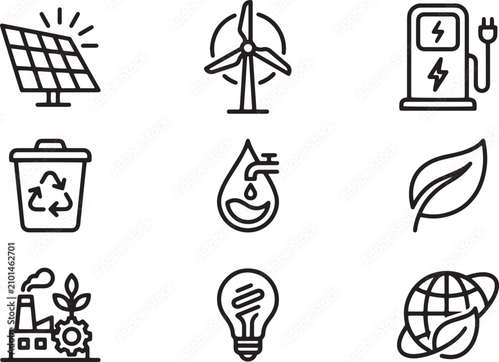 Naklejka premium Sustainability and Green Energy Minimalist Outline Icon Set for Eco Technology