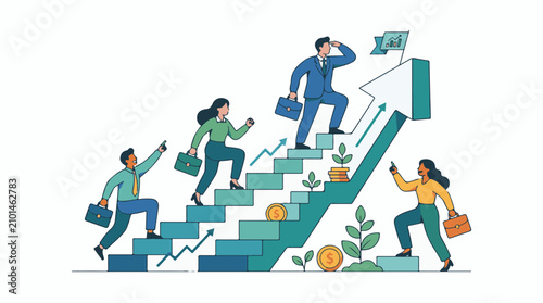 Business people ascend stairs with coins and plants a flag flies above