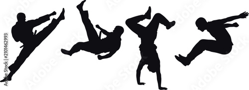 Schilderij op canvas Acrobatic Martial Arts Silhouette Vector Set Featuring Capoeira Dancers And Extr