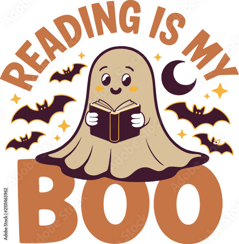 Retro Halloween ghost reading a book vector, cute spooky bookworm illustration, Reading Is My Boo quote with bats and moon for t-shirt design
