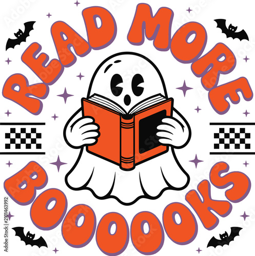 Retro Halloween Ghost Reading Book Illustration, Vintage Cartoon Spooky Character with Read More Boooooks Text, Cute Kawaii Ghost Vector Graphic