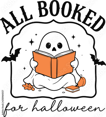 Foto Halloween ghost reading book vector illustration, cute spooky phantom with orang