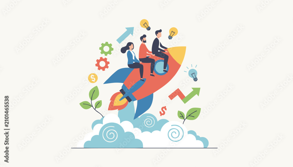 Fototapeta premium Group of ambitious business partners flying on a rocket startup launcher surrounded by ideas and financial growth symbols.