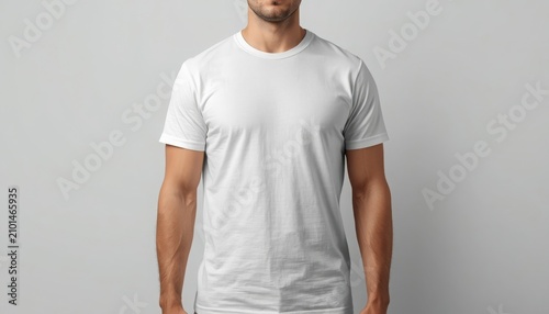 Man wearing a white tshirt on a light gray background for mockup purposes