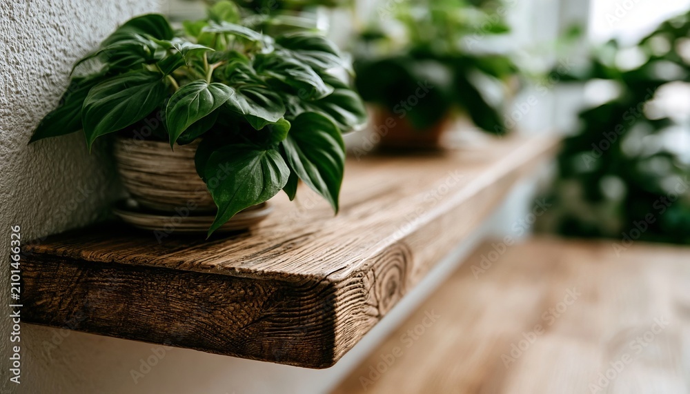 Obraz premium Elegant Wooden Shelf Showcasing A Beautiful Potted Plant With Lush Green Leaves In Modern Interior