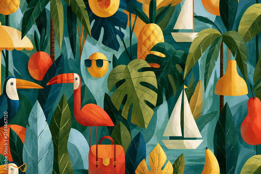 Obraz premium Colorful tropical scene with flamingos, toucans, and various plants in a sunny setting