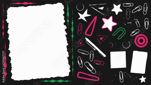 Obraz na płótnie Scrapbook elements with torn edges and colorful paper clips on a black backgroun