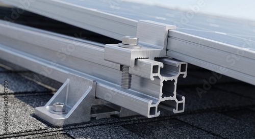 A close-up of aluminum solar panel mounting hardware and roof rail on shingles with crisp metal texture