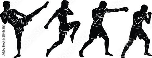 Konstfotografi Muay Thai and Kickboxing Silhouette Vector Set Featuring Fighters Performing Hig