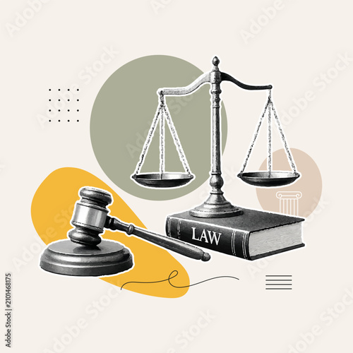 Foto Justice collage with gavel, balance scale and law book in vintage engraving style