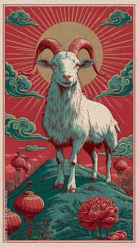 Year of the Goat 2027 Chinese Zodiac illustration featuring a majestic white goat with traditional red lanterns, blooming flowers, and festive Lunar New Year design