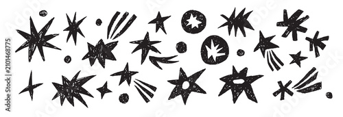 Cut out irregular star shapes with chalk pen texture. Drawn pen explosion shapes. Shape stars doodle background.
