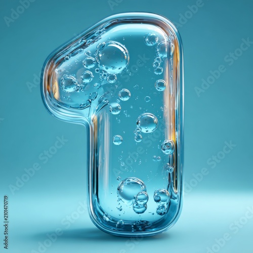 Transparent Glass Number One with Air Bubbles Blue Minimal Typography Design