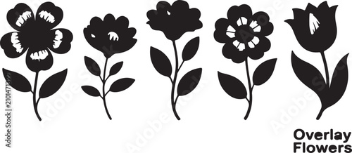 A collection of five stylized black flower silhouettes with stems and leaves, perfect for decorative design elements and graphic projects